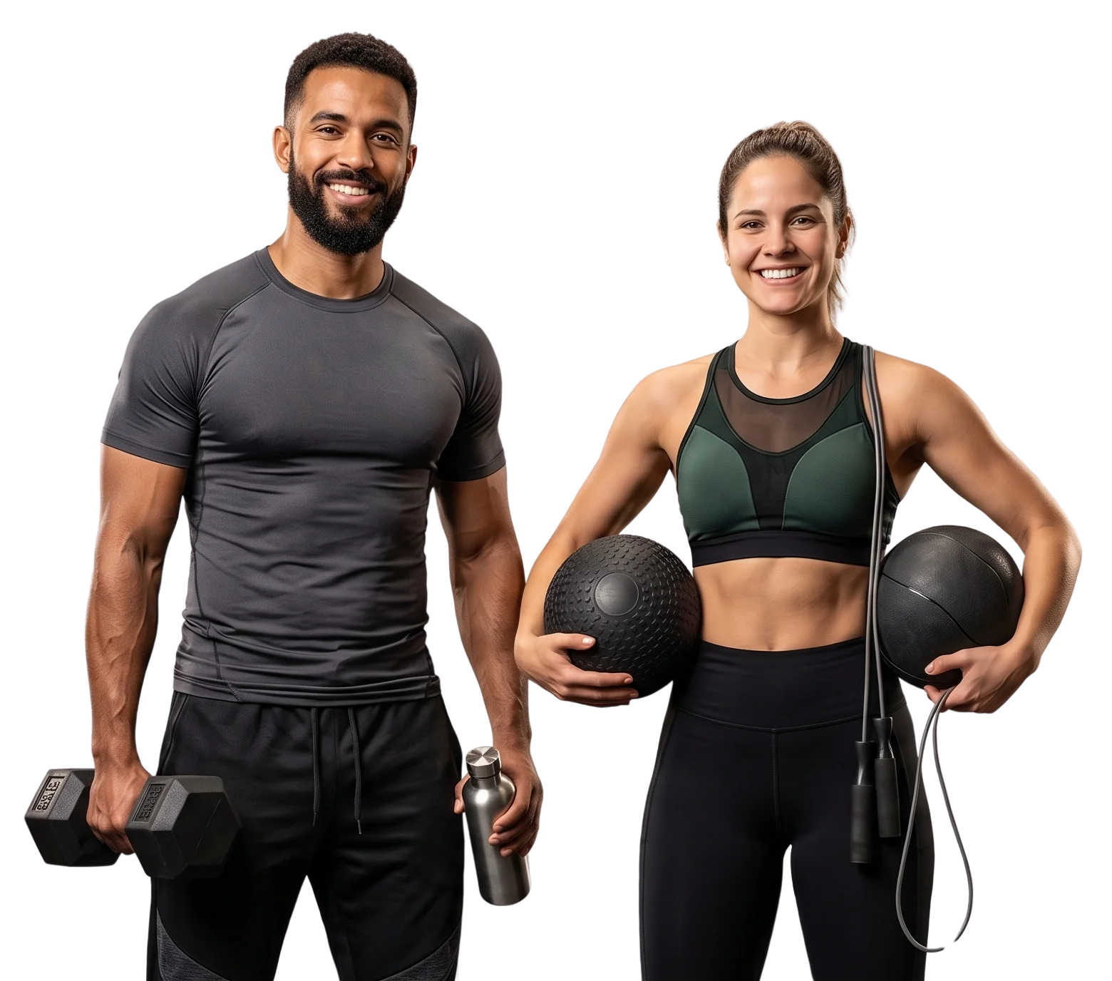 Professores da Fábrica Academia com halteres, medicine ball e corda